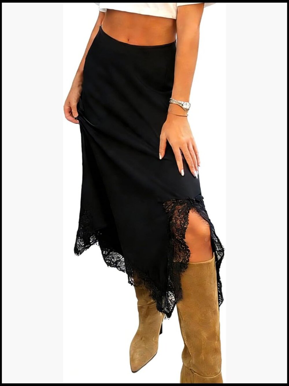 Satin High Waisted Side Split Midi Skirt Lace Patchwork Bodycon Long Skirt